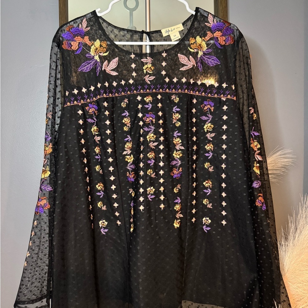 Style & Co.‎ Black Top with Floral Embroidery